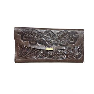 Vintage Southwest Hand Tooled Brown Leather Wallet Insert Mirror